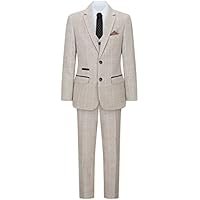 Boys Check Tweed Beige Brown 3 Piece Suit Wedding Vintage Retro Classic