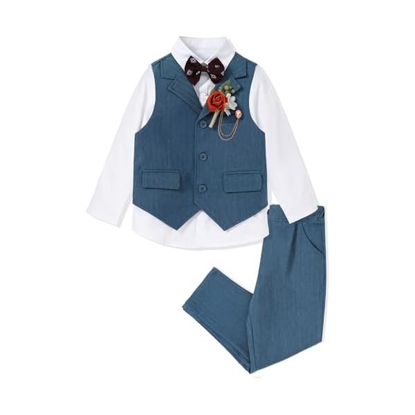 DISAUR Boys Dress Clothes 5-Piece Formal Suit Set, Vest, Pants, Dress Shirt, Bowtie and Boutonniere Kids Wedding Outfit - 图片 2