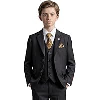 Boys Black Twill Suit Tailored Fit 5 Piece Set Regular & Generous Husky Sizes