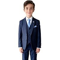 Boys Navy Microcheck Suit Tailored Fit 5 PC Set Regular & Generous Husky Sizes