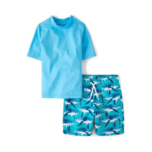 The Children's Place Boys' Short Sleeve Rashguard and Swim Trunk, 2-piece Set