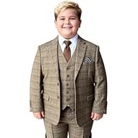 Boys Wool Tweed Suit Windowpane Check Suit 3-Piece Set Generous Fit Husky Sizes