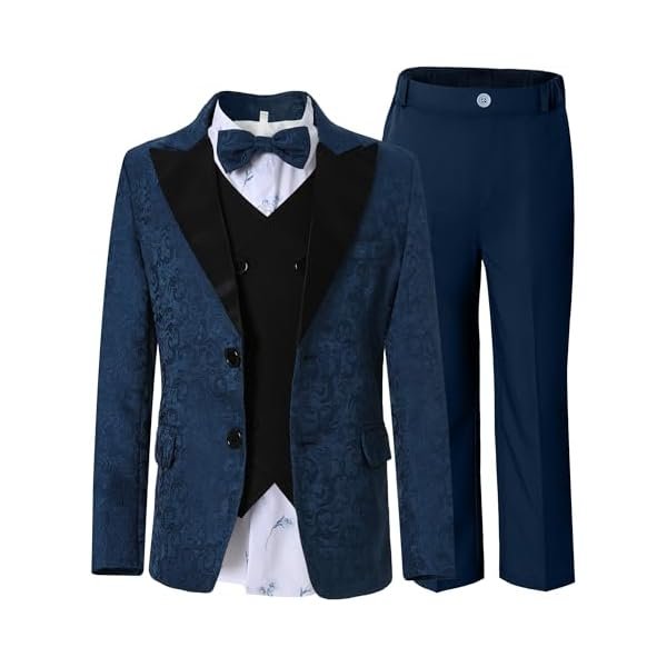 DISAUR Boys Dress Clothes 5-Piece Formal Suit Set, Vest, Pants, Dress Shirt, Bowtie and Boutonniere Kids Wedding Outfit