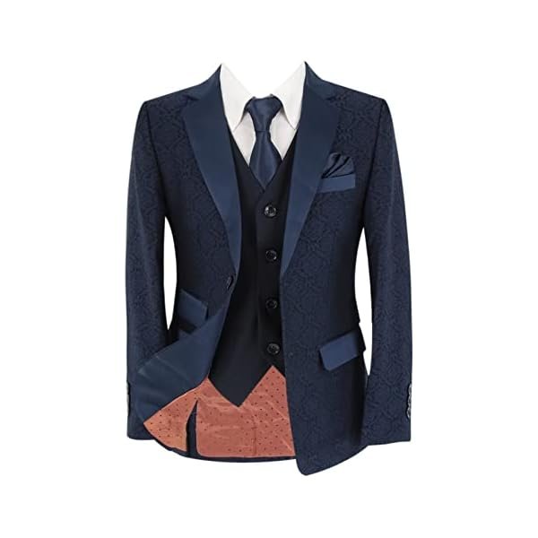 Boys Jacquard Patterned Suit Navy Blue Geometric Fashion Pageboy Wedding Occasion 3 Piece Set - 图片 2