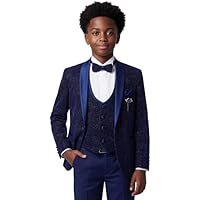 Boy’s Pageboy Shimmer Tuxedo Wedding Suit in Navy Blue Slim Fit 5 Piece Special Occasion Set