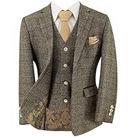Men's Boys Wool Tweed Check Suit Father & Son Tailored Fit 3 PC with Husky Sizes