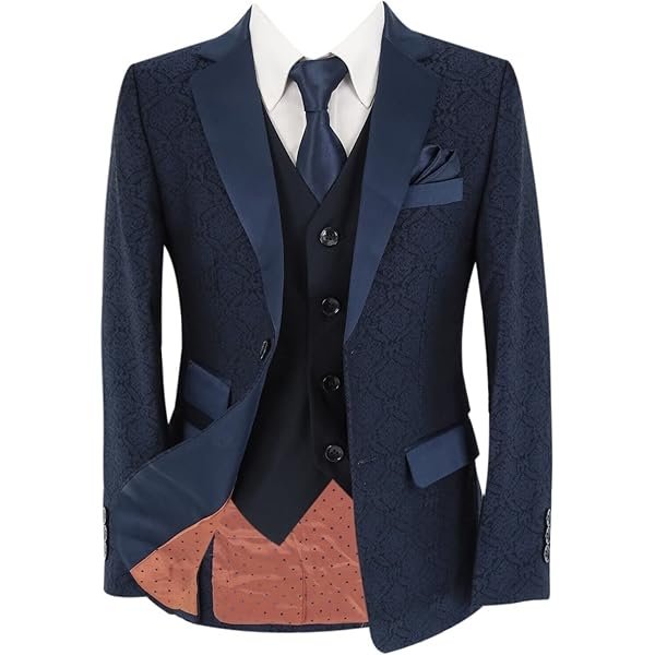 Boys Jacquard Patterned Suit Navy Blue Geometric Fashion Pageboy Wedding Occasion 3 Piece Set