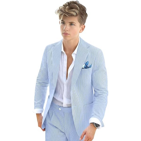 Boys Seersucker Suit 2 Piece Tuxedo for Boy Striped Blazer Pants Boys Summer Beach Wedding Suit