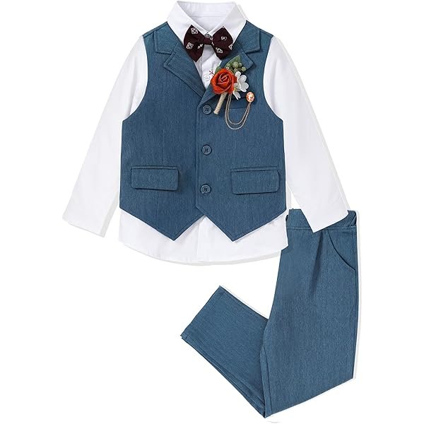 DISAUR Boys Dress Clothes 5-Piece Formal Suit Set, Vest, Pants, Dress Shirt, Bowtie and Boutonniere Kids Wedding Outfit - 图片 5
